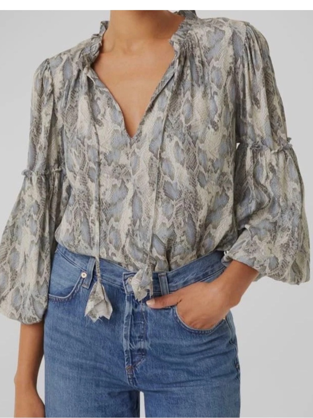 Misa Los Angeles Gray Snake-Print Tie-Front Peasant Blouse